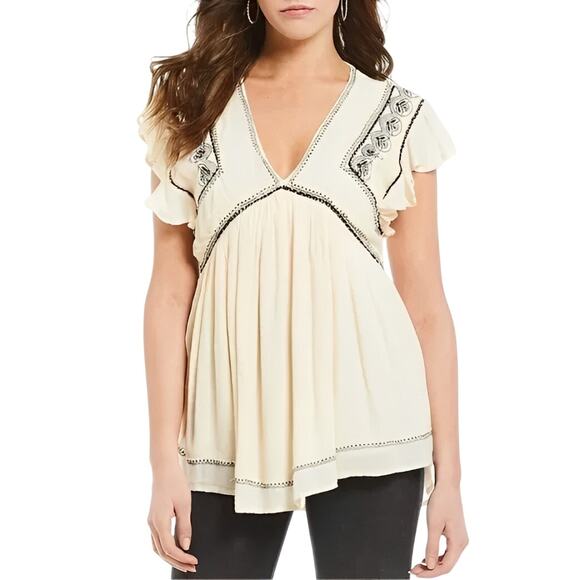 FREE PEOPLE $108 Falling Water Tunic Ivory Combo Embroidered Flutter Sleeve XS - Picture 1 of 6